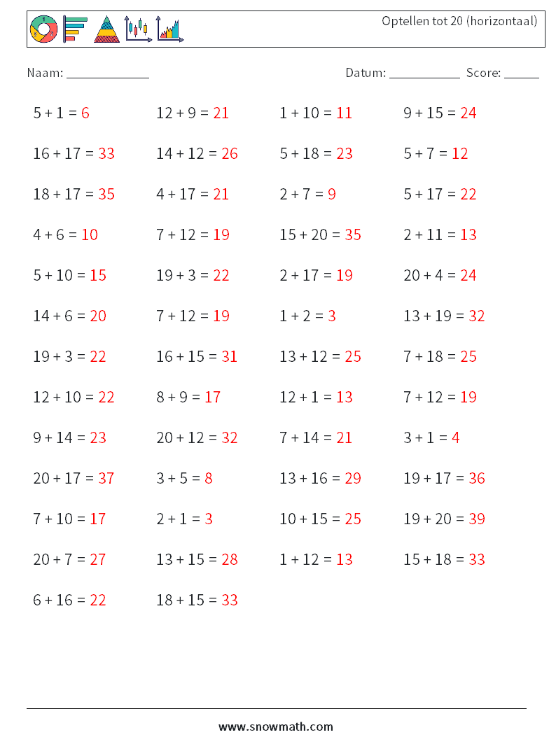 (50) Optellen tot 20 (horizontaal) Wiskundige werkbladen 7 Vraag, Antwoord