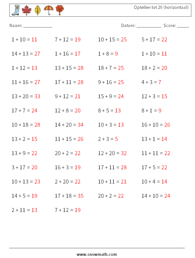 (50) Optellen tot 20 (horizontaal) Wiskundige werkbladen 8 Vraag, Antwoord
