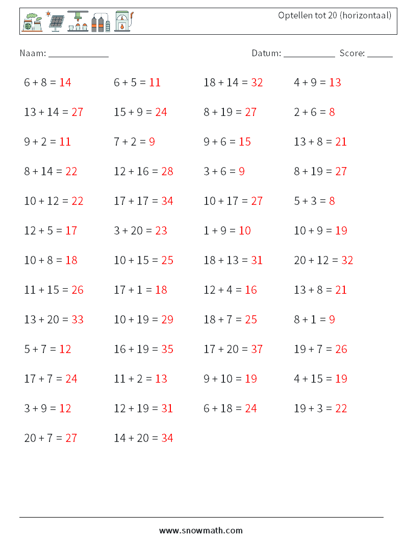 (50) Optellen tot 20 (horizontaal) Wiskundige werkbladen 9 Vraag, Antwoord