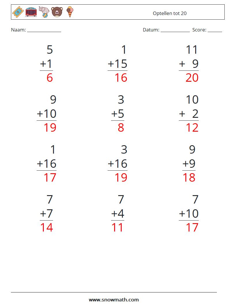 (12) Optellen tot 20 Wiskundige werkbladen 11 Vraag, Antwoord