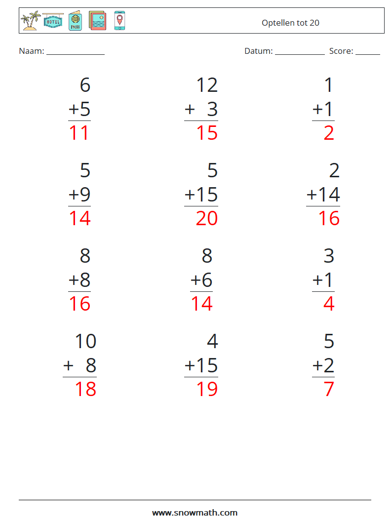 (12) Optellen tot 20 Wiskundige werkbladen 12 Vraag, Antwoord