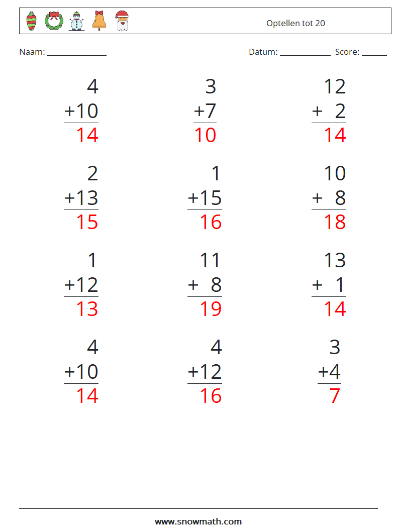 (12) Optellen tot 20 Wiskundige werkbladen 13 Vraag, Antwoord