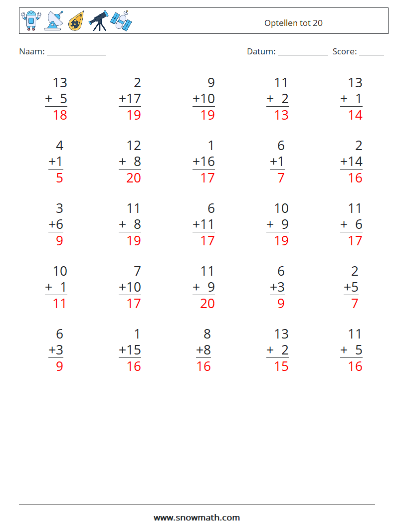 (25) Optellen tot 20 Wiskundige werkbladen 11 Vraag, Antwoord