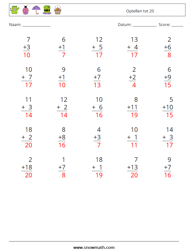 (25) Optellen tot 20 Wiskundige werkbladen 12 Vraag, Antwoord