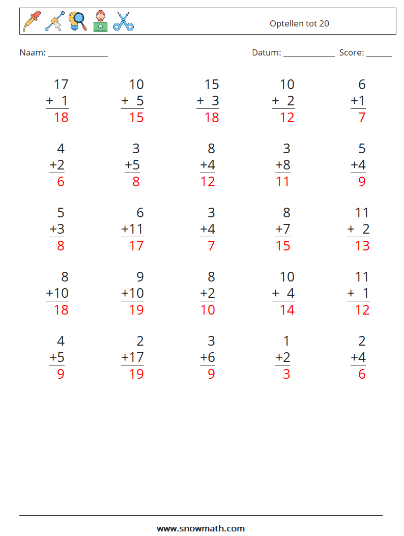 (25) Optellen tot 20 Wiskundige werkbladen 13 Vraag, Antwoord