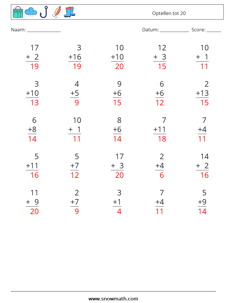 (25) Optellen tot 20 Wiskundige werkbladen 15 Vraag, Antwoord