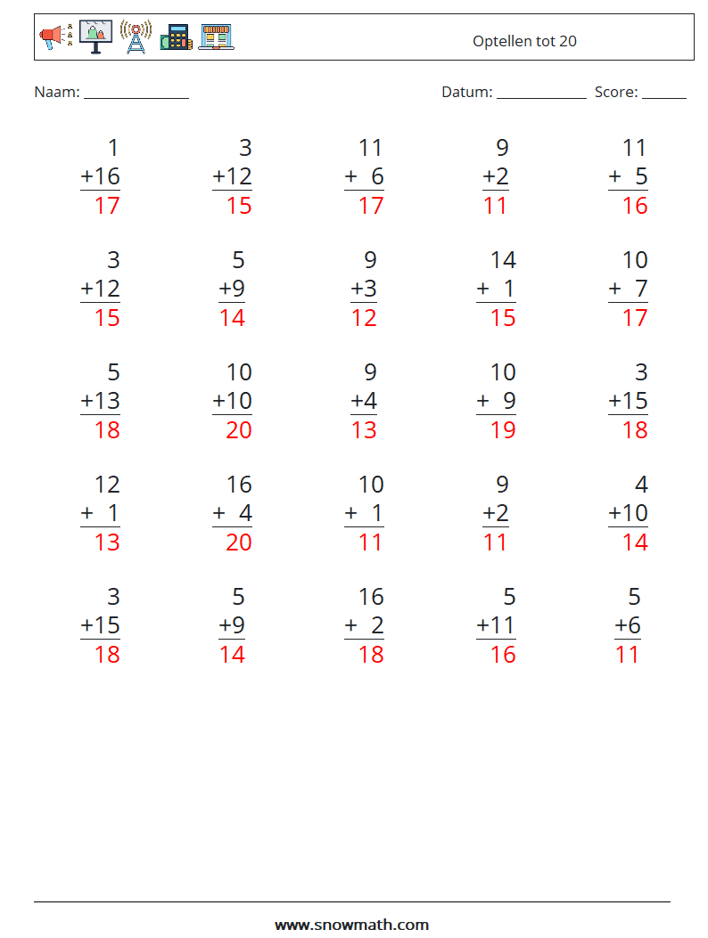 (25) Optellen tot 20 Wiskundige werkbladen 16 Vraag, Antwoord