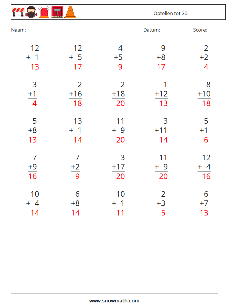 (25) Optellen tot 20 Wiskundige werkbladen 17 Vraag, Antwoord