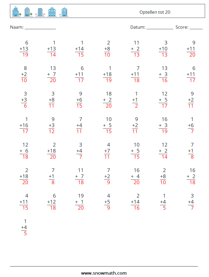 (50) Optellen tot 20 Wiskundige werkbladen 15 Vraag, Antwoord