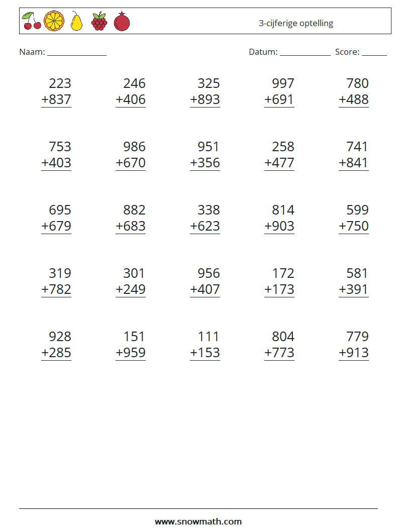 (25) 3-cijferige optelling Wiskundige werkbladen 10