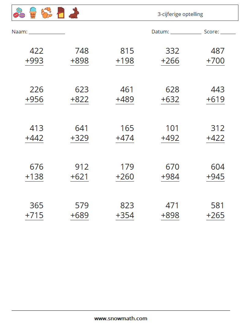 (25) 3-cijferige optelling Wiskundige werkbladen 11