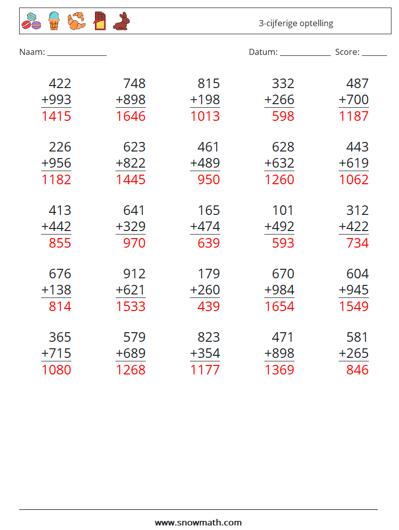 (25) 3-cijferige optelling Wiskundige werkbladen 11 Vraag, Antwoord