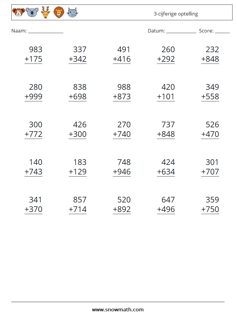 (25) 3-cijferige optelling Wiskundige werkbladen 12
