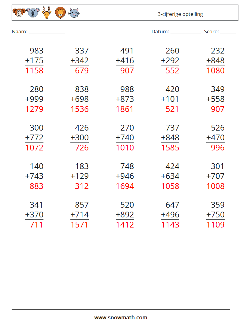 (25) 3-cijferige optelling Wiskundige werkbladen 12 Vraag, Antwoord