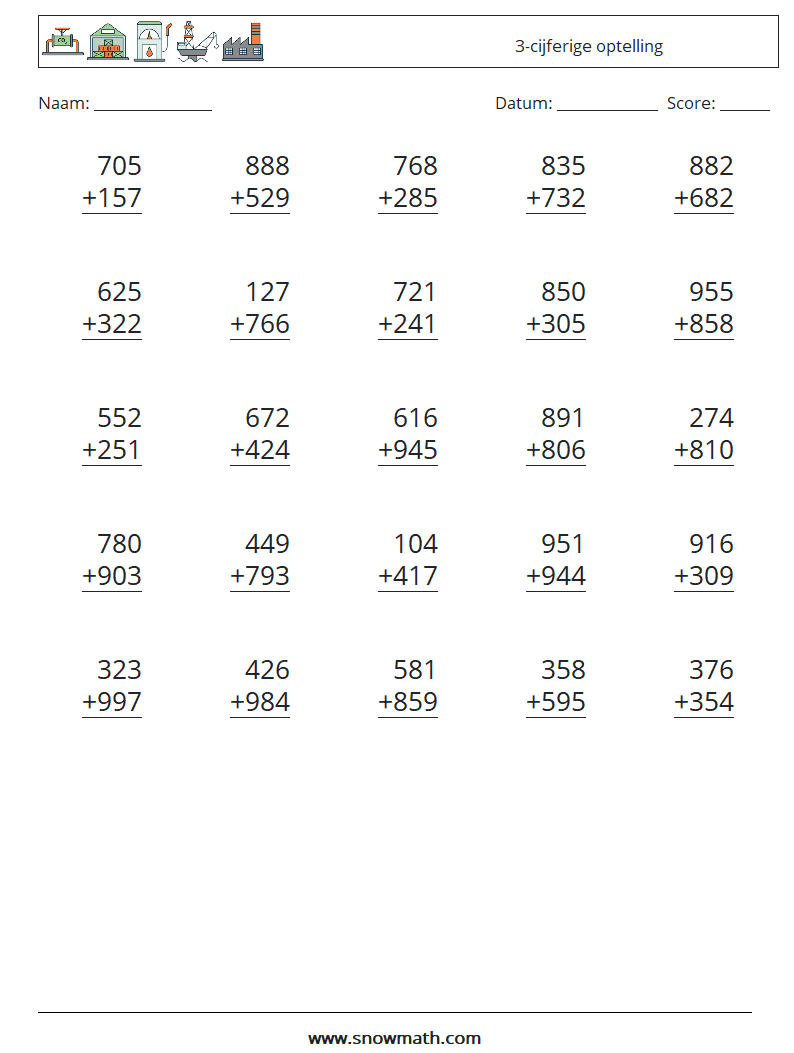 (25) 3-cijferige optelling Wiskundige werkbladen 13