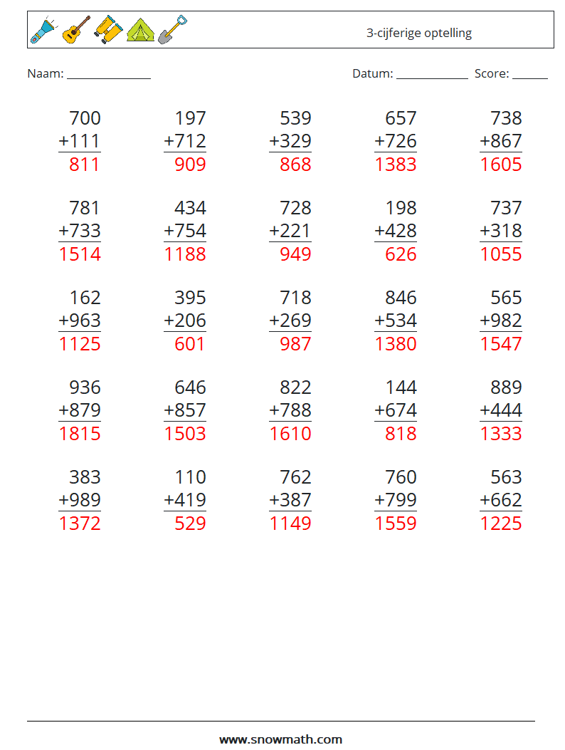 (25) 3-cijferige optelling Wiskundige werkbladen 14 Vraag, Antwoord