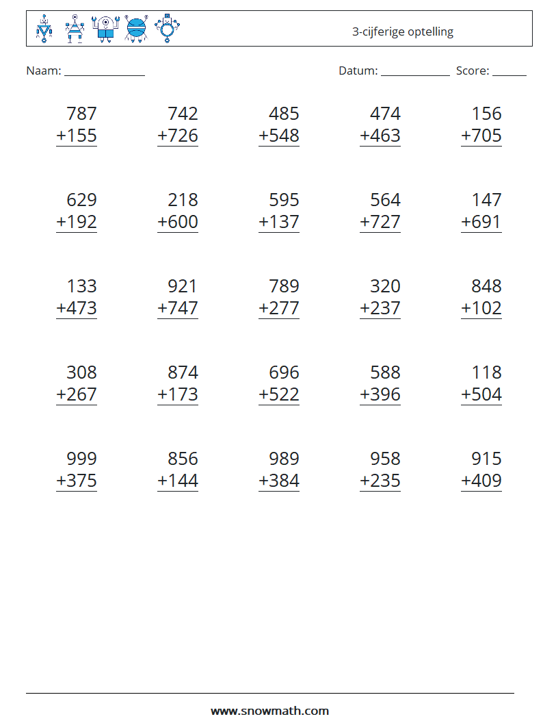 (25) 3-cijferige optelling Wiskundige werkbladen 15