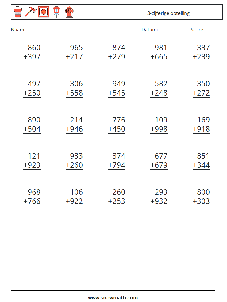 (25) 3-cijferige optelling Wiskundige werkbladen 16