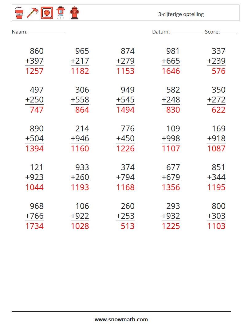 (25) 3-cijferige optelling Wiskundige werkbladen 16 Vraag, Antwoord