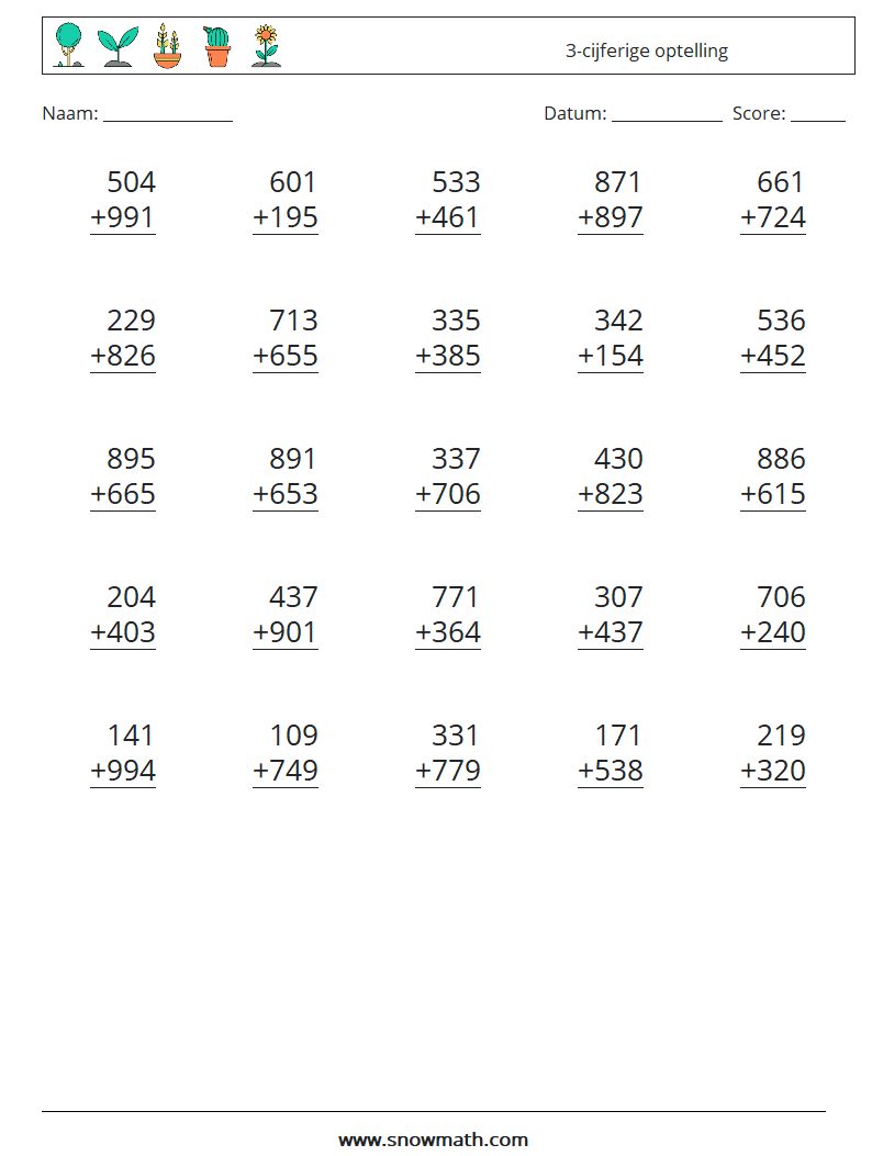 (25) 3-cijferige optelling Wiskundige werkbladen 17