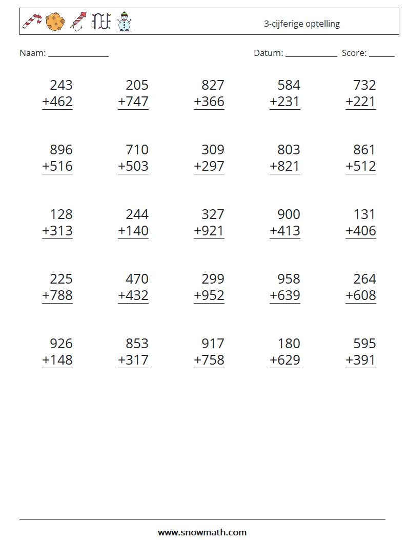 (25) 3-cijferige optelling Wiskundige werkbladen 18