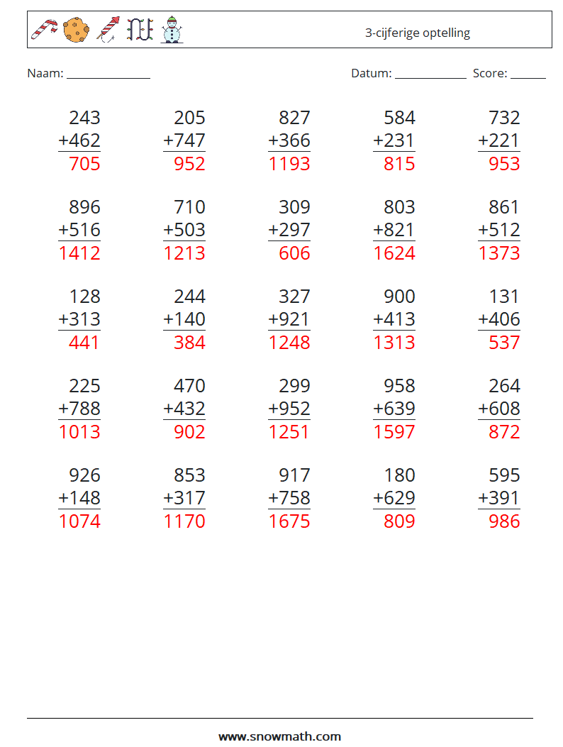 (25) 3-cijferige optelling Wiskundige werkbladen 18 Vraag, Antwoord