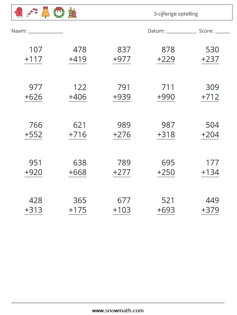 (25) 3-cijferige optelling Wiskundige werkbladen 2