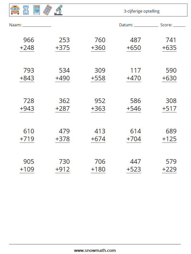(25) 3-cijferige optelling Wiskundige werkbladen 3