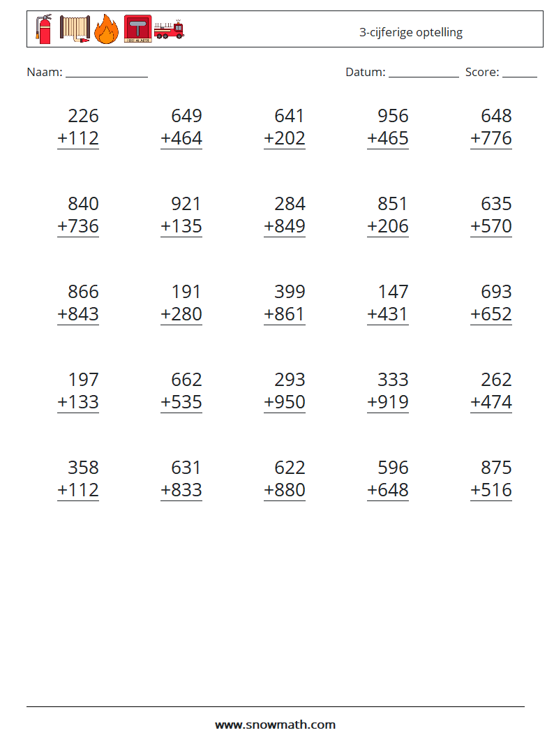 (25) 3-cijferige optelling Wiskundige werkbladen 4
