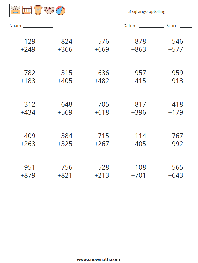 (25) 3-cijferige optelling Wiskundige werkbladen 5