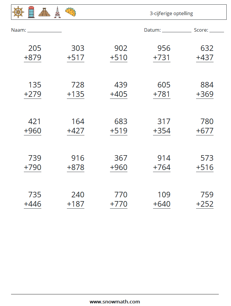 (25) 3-cijferige optelling Wiskundige werkbladen 7