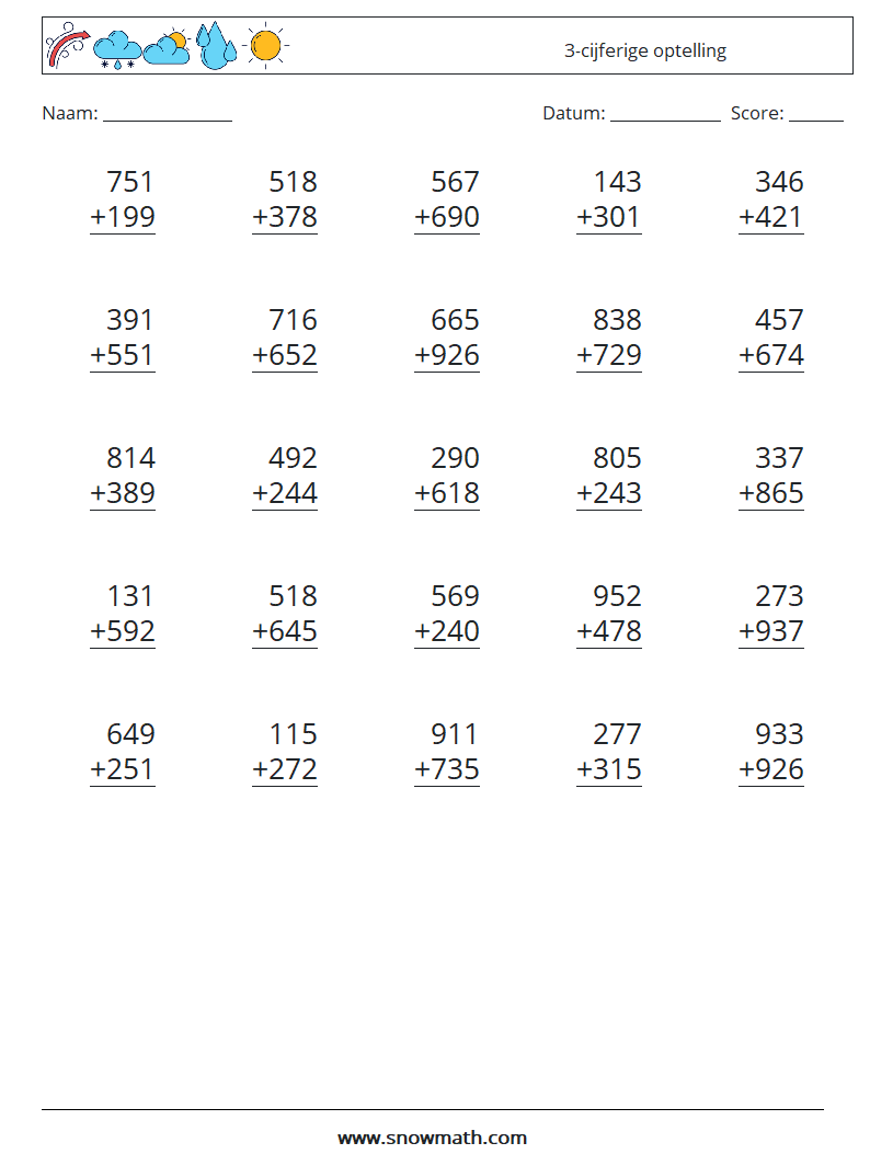(25) 3-cijferige optelling Wiskundige werkbladen 8