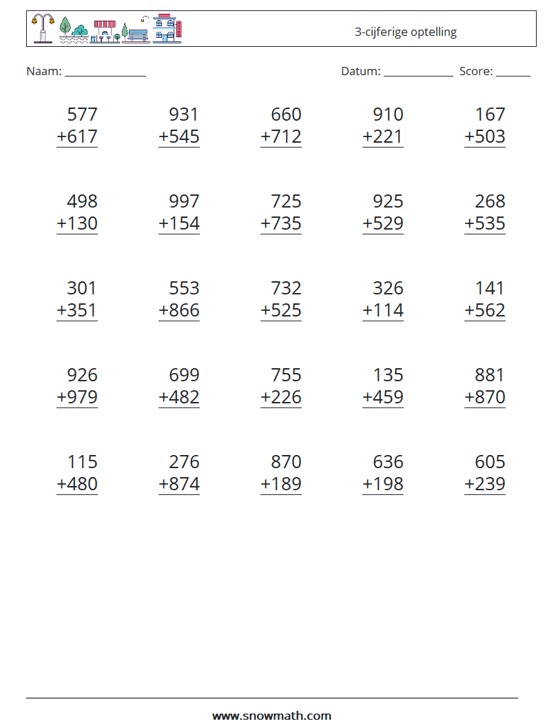 (25) 3-cijferige optelling Wiskundige werkbladen 9