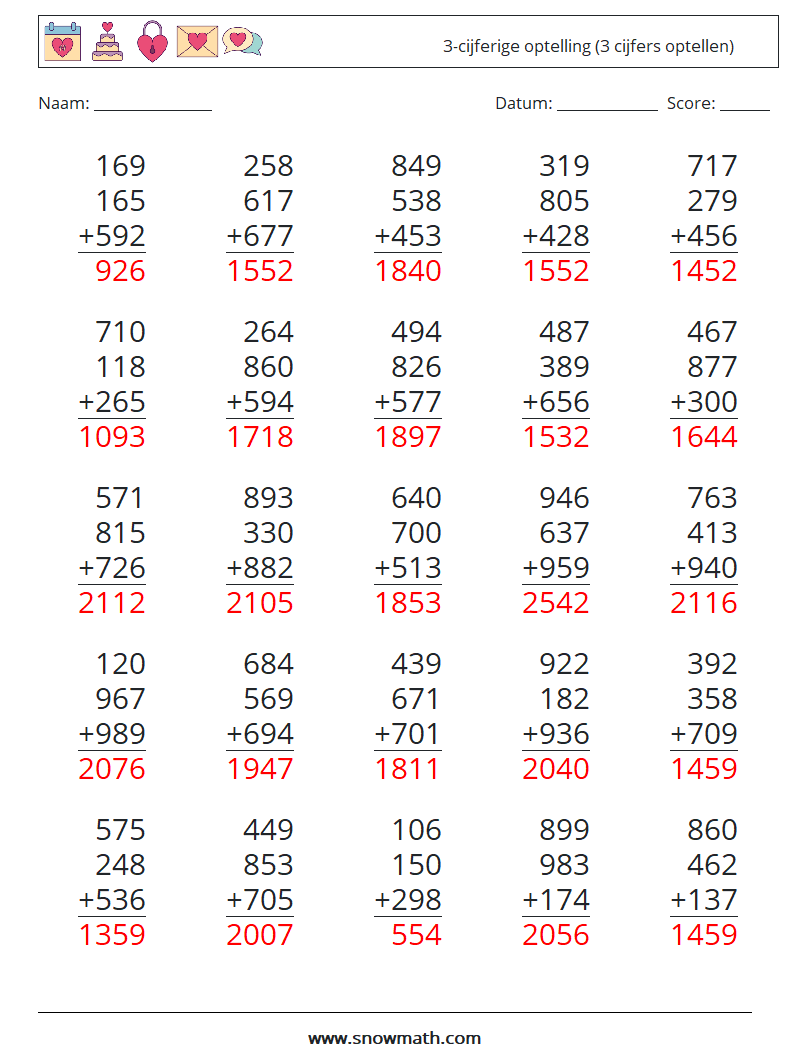 (25) 3-cijferige optelling (3 cijfers optellen) Wiskundige werkbladen 13 Vraag, Antwoord