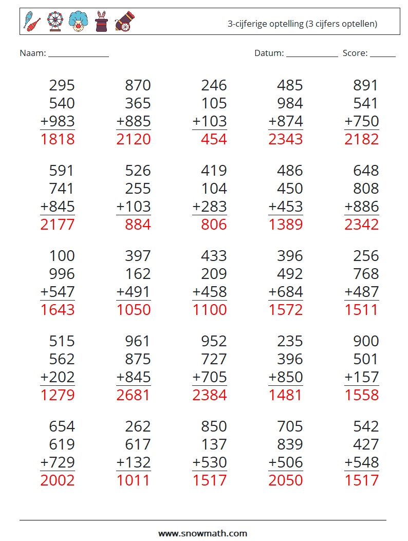 (25) 3-cijferige optelling (3 cijfers optellen) Wiskundige werkbladen 16 Vraag, Antwoord