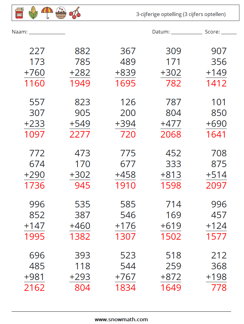 (25) 3-cijferige optelling (3 cijfers optellen) Wiskundige werkbladen 17 Vraag, Antwoord