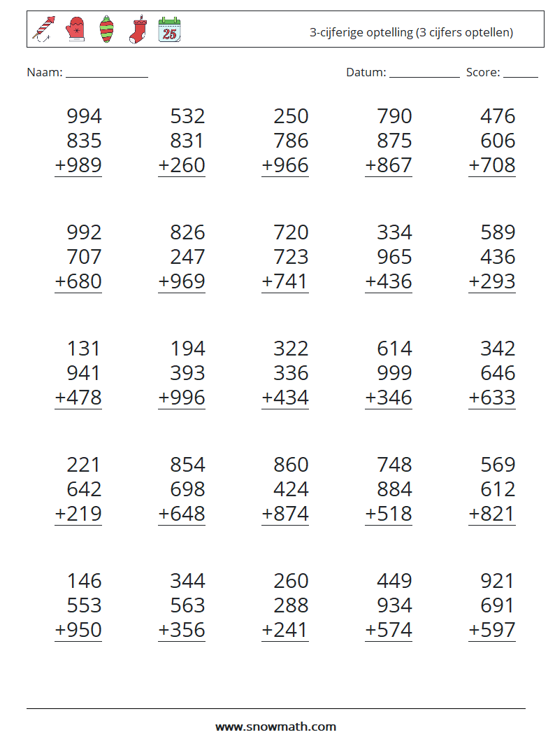 (25) 3-cijferige optelling (3 cijfers optellen) Wiskundige werkbladen 4