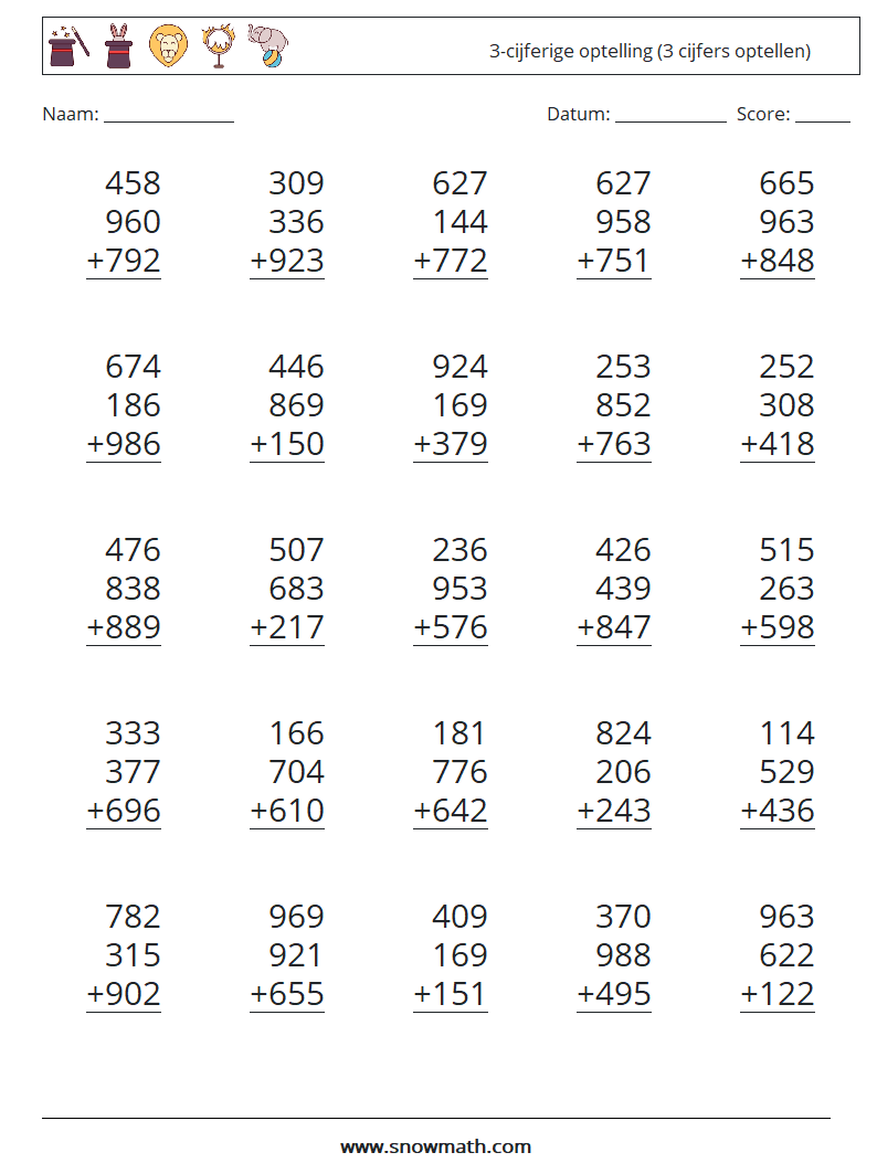 (25) 3-cijferige optelling (3 cijfers optellen) Wiskundige werkbladen 8