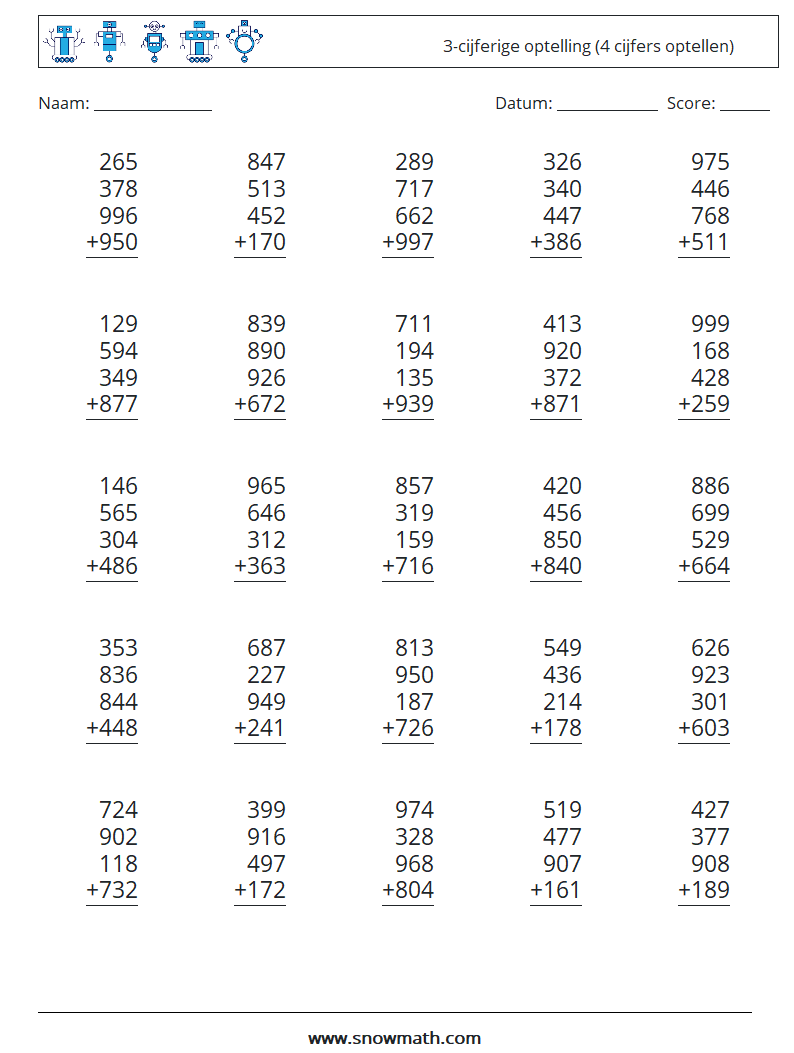 (25) 3-cijferige optelling (4 cijfers optellen) Wiskundige werkbladen 10