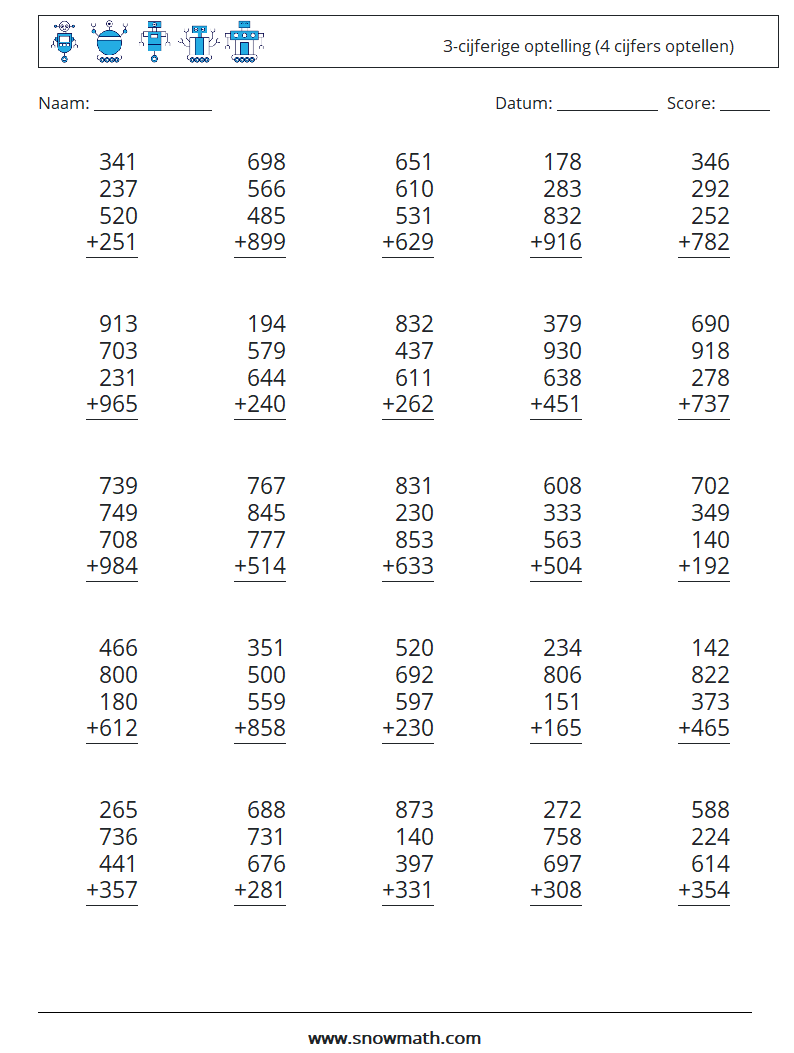 (25) 3-cijferige optelling (4 cijfers optellen) Wiskundige werkbladen 11