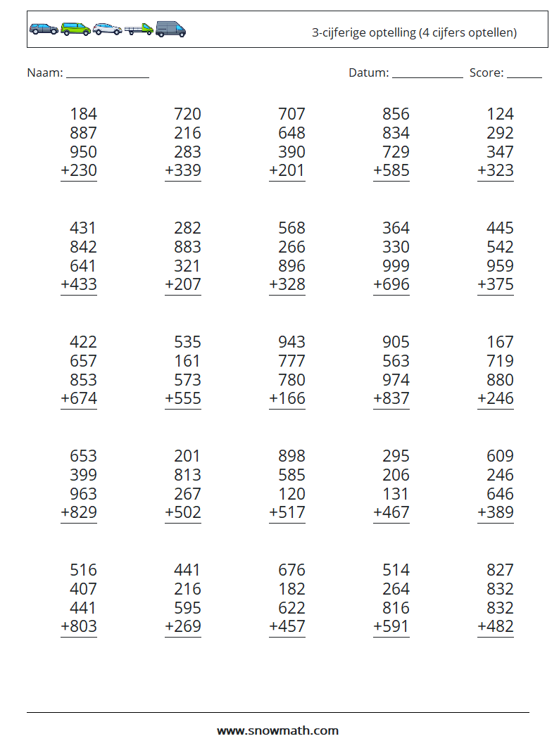(25) 3-cijferige optelling (4 cijfers optellen) Wiskundige werkbladen 12