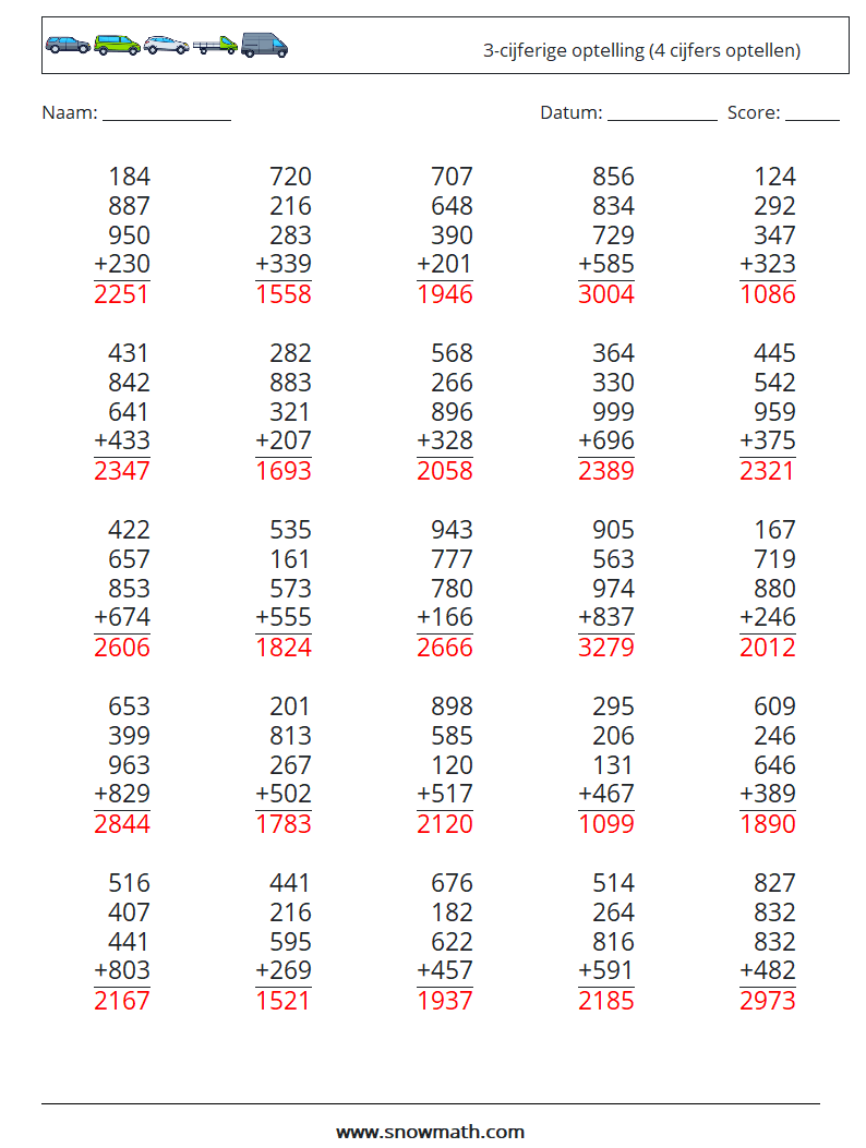 (25) 3-cijferige optelling (4 cijfers optellen) Wiskundige werkbladen 12 Vraag, Antwoord