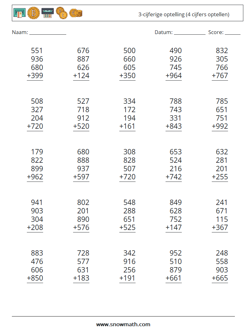 (25) 3-cijferige optelling (4 cijfers optellen) Wiskundige werkbladen 14