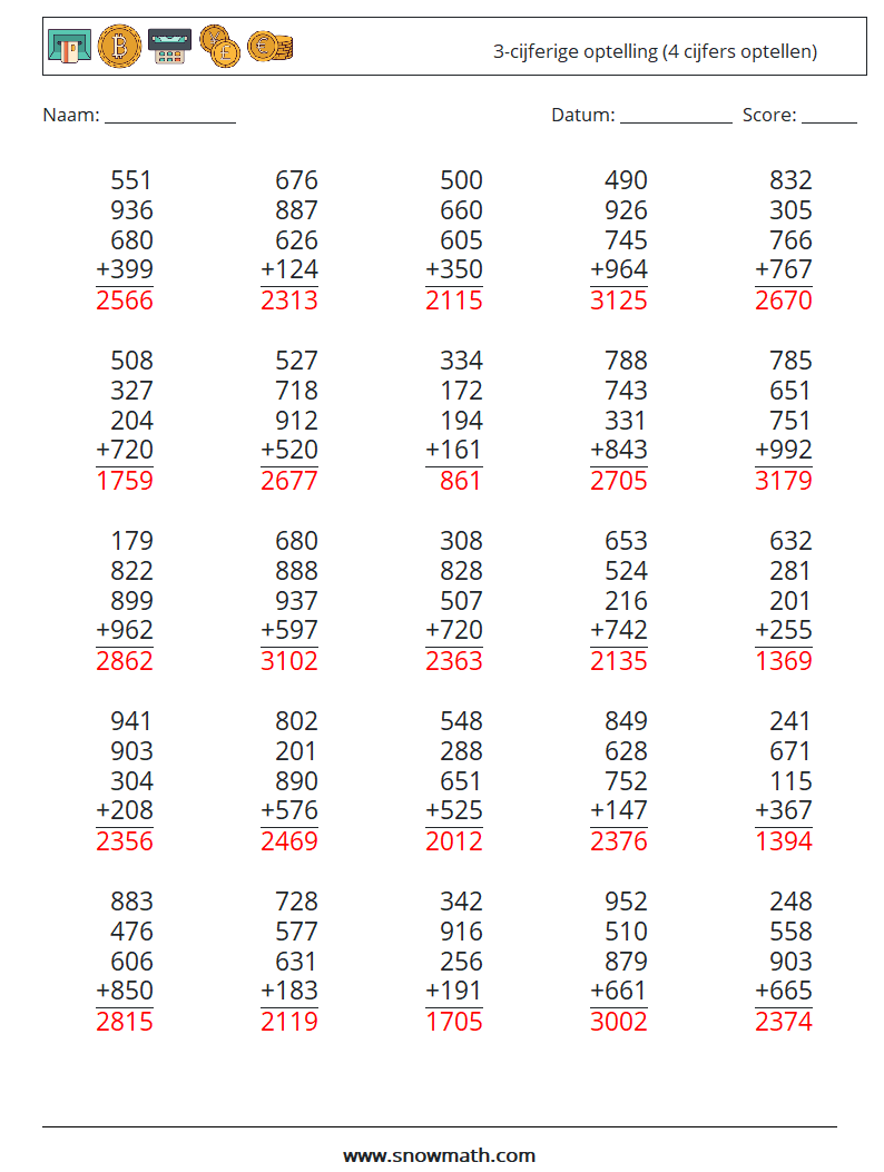 (25) 3-cijferige optelling (4 cijfers optellen) Wiskundige werkbladen 14 Vraag, Antwoord