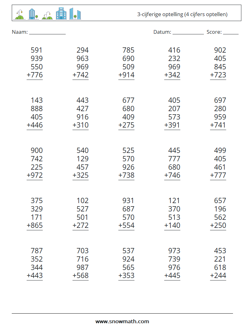 (25) 3-cijferige optelling (4 cijfers optellen) Wiskundige werkbladen 15