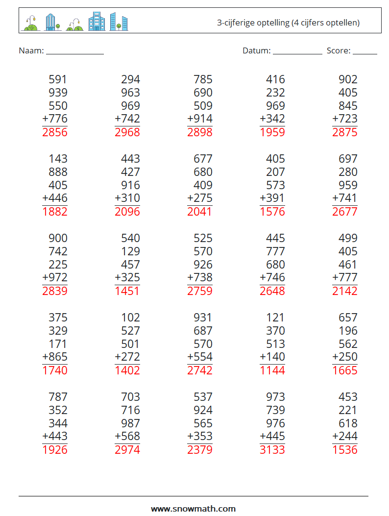 (25) 3-cijferige optelling (4 cijfers optellen) Wiskundige werkbladen 15 Vraag, Antwoord