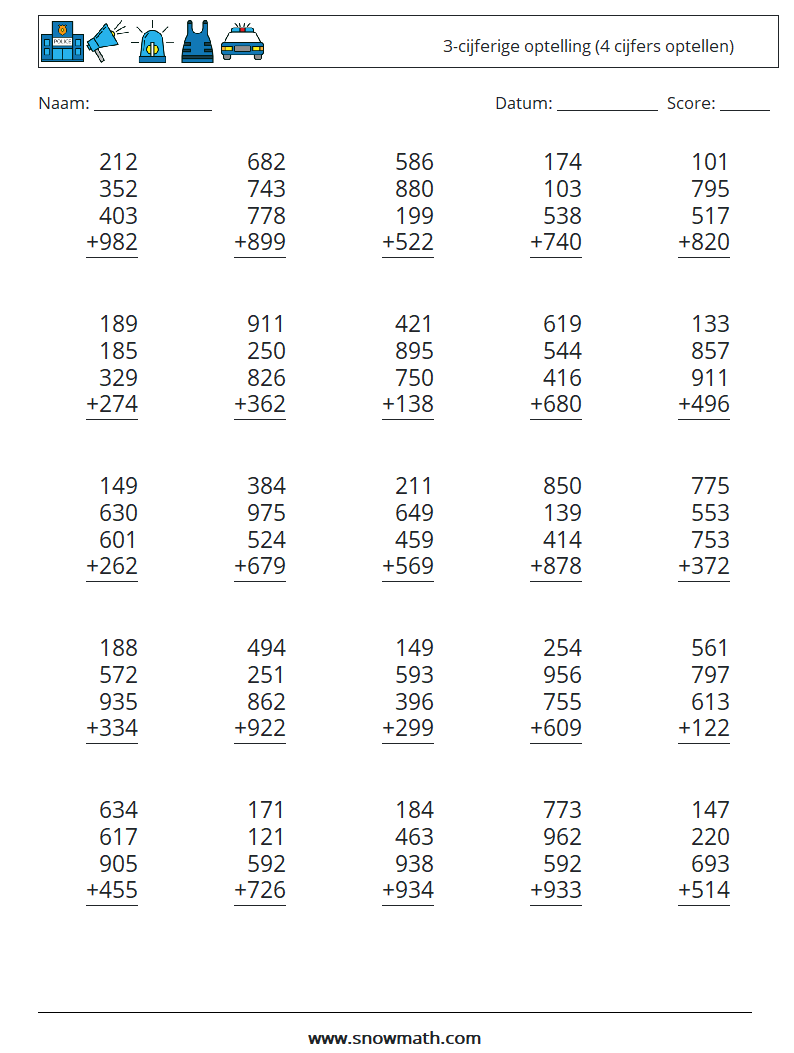 (25) 3-cijferige optelling (4 cijfers optellen) Wiskundige werkbladen 16