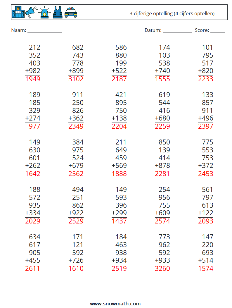 (25) 3-cijferige optelling (4 cijfers optellen) Wiskundige werkbladen 16 Vraag, Antwoord