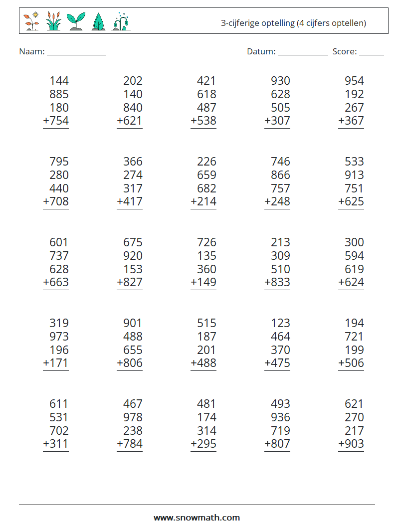 (25) 3-cijferige optelling (4 cijfers optellen) Wiskundige werkbladen 17