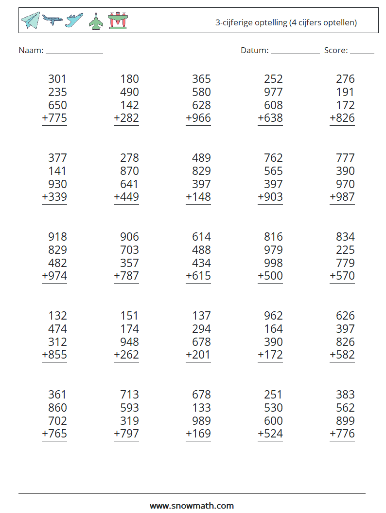 (25) 3-cijferige optelling (4 cijfers optellen) Wiskundige werkbladen 18